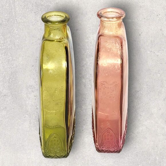 Vidrios De Levante Recycled Glass Bottles Pink & Green Embossed Spain MCM Decor - Picture 8 of 10